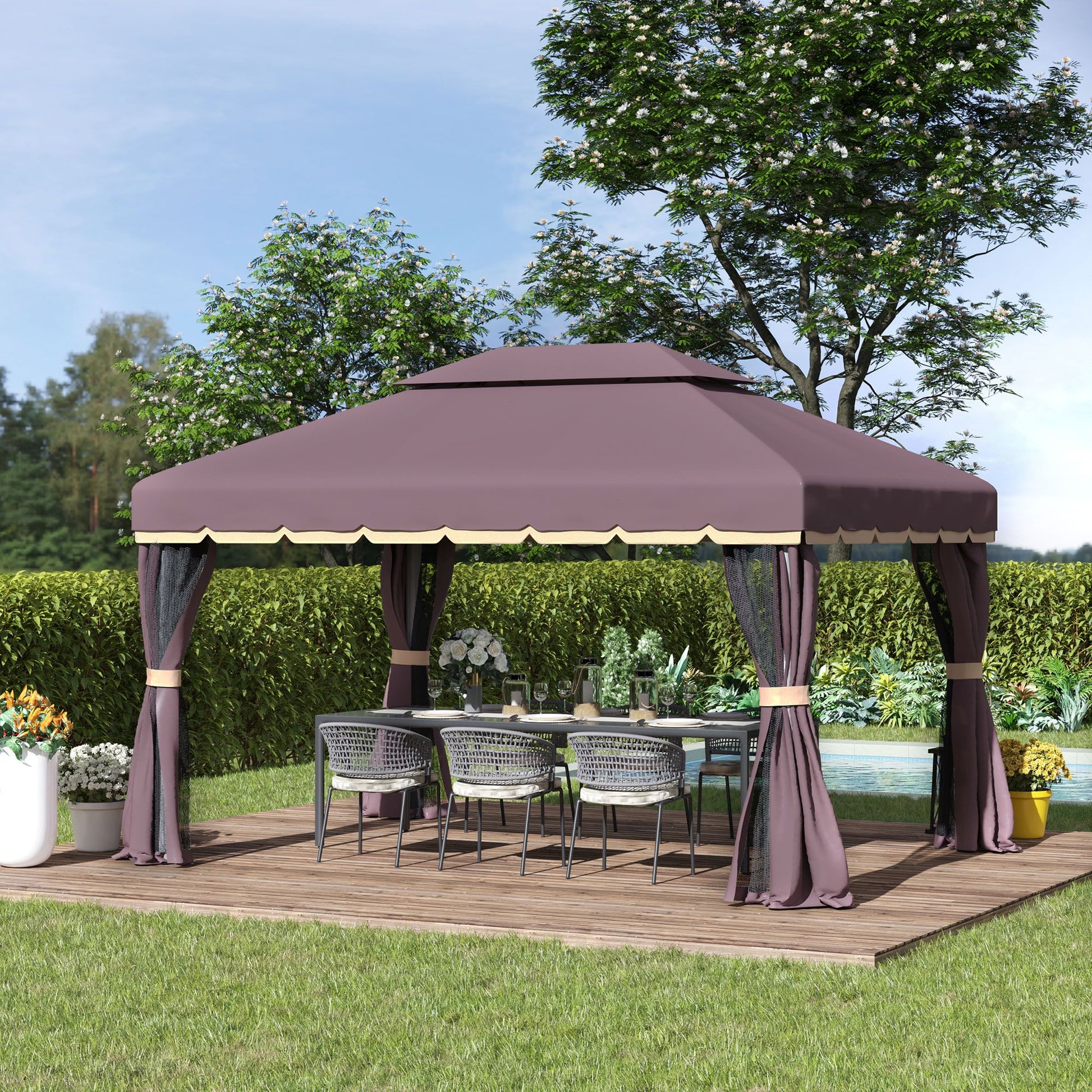 10' x 13' Outdoor Aluminum Gazebo with Double-Tier Roof, Removable Curtains, and Netting, Patio Canopy Shelter for Garden, Lawn, and Backyard, Coffee