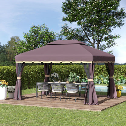 10' x 13' Outdoor Aluminum Gazebo with Double-Tier Roof, Removable Curtains, and Netting, Patio Canopy Shelter for Garden, Lawn, and Backyard, Coffee
