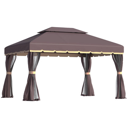 10' x 13' Outdoor Aluminum Gazebo with Double-Tier Roof, Removable Curtains, and Netting, Patio Canopy Shelter for Garden, Lawn, and Backyard, Coffee