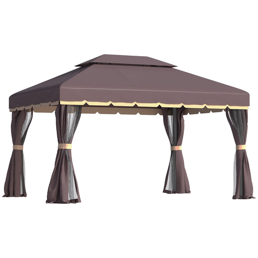 10' x 13' Outdoor Aluminum Gazebo with Double-Tier Roof, Removable Curtains, and Netting, Patio Canopy Shelter for Garden, Lawn, and Backyard, Coffee