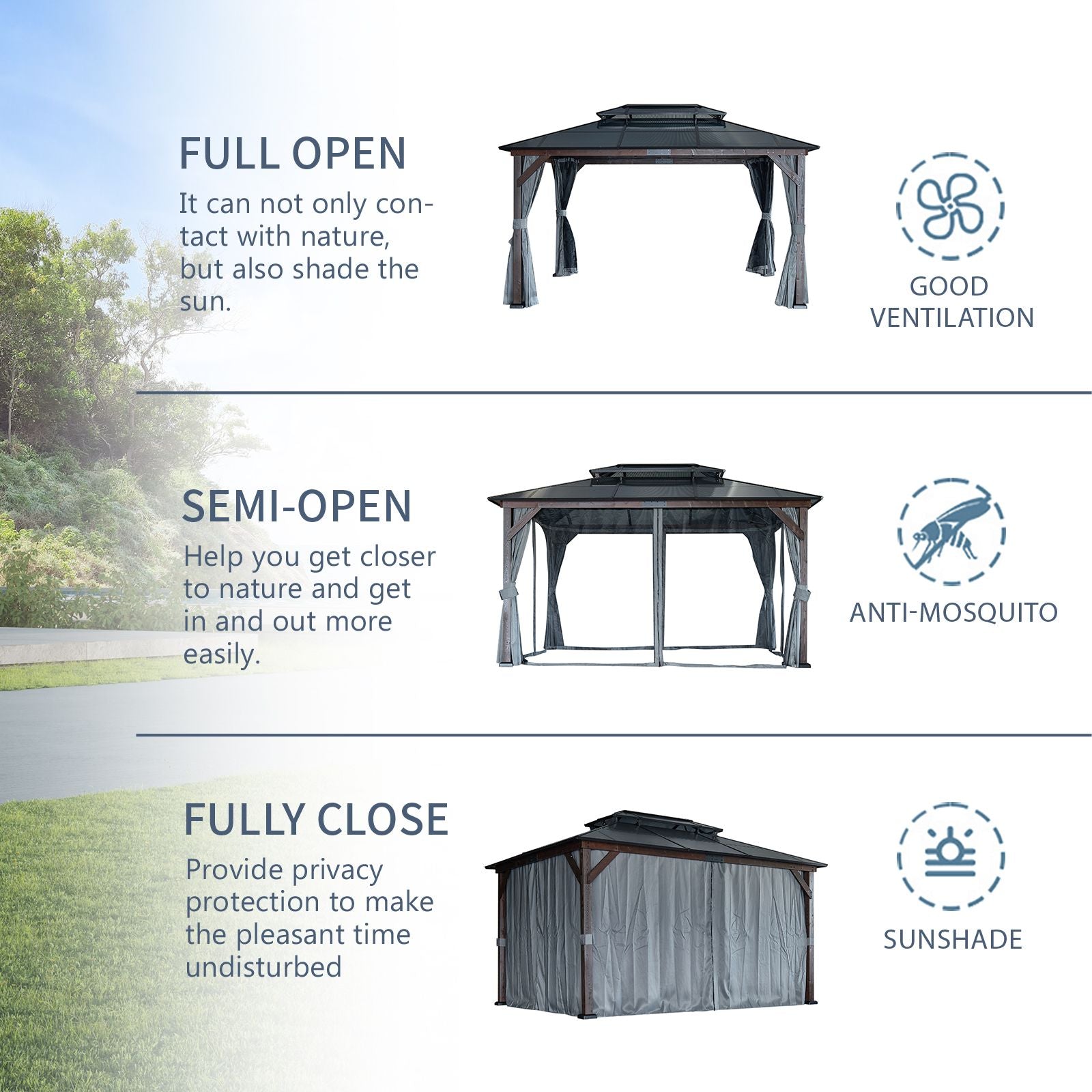 10' x 13' Outdoor Gazebo with Wooden Legs and Double-Layer Roof, Sunshade Canopy