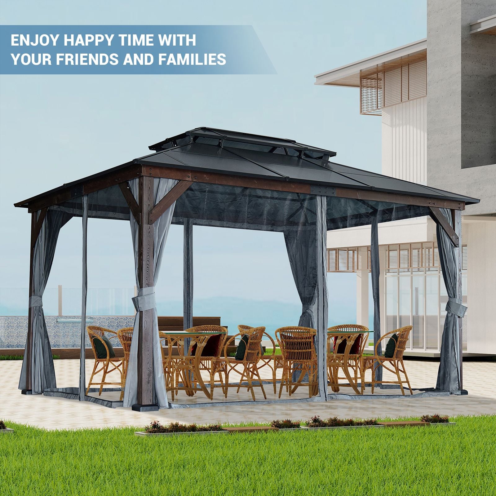 10' x 13' Outdoor Gazebo with Wooden Legs and Double-Layer Roof, Sunshade Canopy