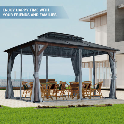 10' x 13' Outdoor Gazebo with Wooden Legs and Double-Layer Roof, Sunshade Canopy
