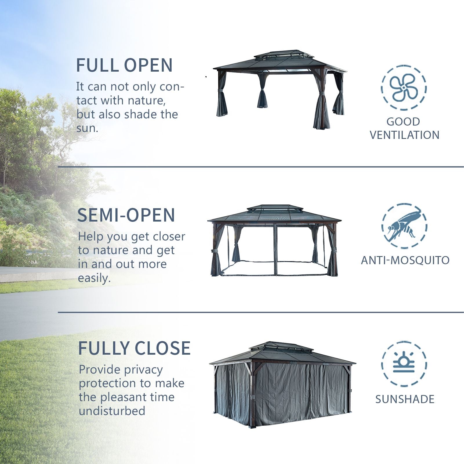 10' x 13' Outdoor Gazebo with Wooden Legs and Double-Layer Roof, Sunshade Canopy