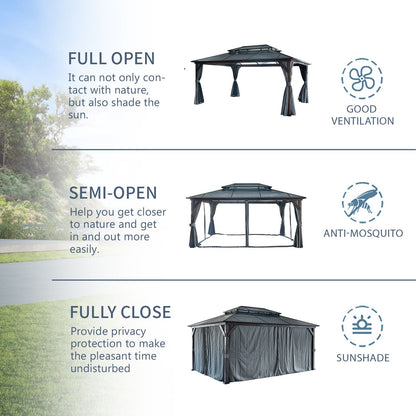 10' x 13' Outdoor Gazebo with Wooden Legs and Double-Layer Roof, Sunshade Canopy