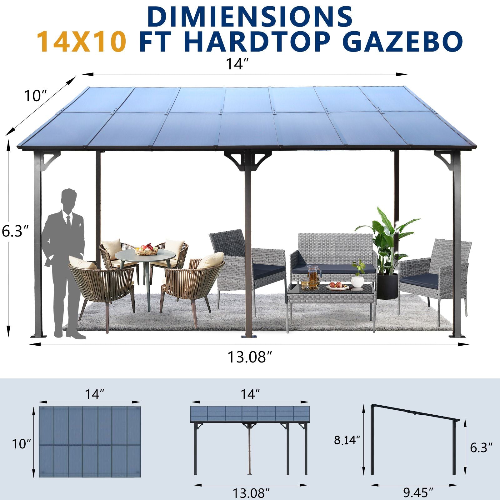 10' x 14' Wall-Mounted Lean-To Pergola – Gray, Powder-Coated Steel Frame, Heavy Duty Awning for Patio & Backyard