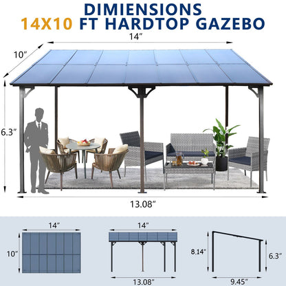 10' x 14' Wall-Mounted Lean-To Pergola – Gray, Powder-Coated Steel Frame, Heavy Duty Awning for Patio & Backyard