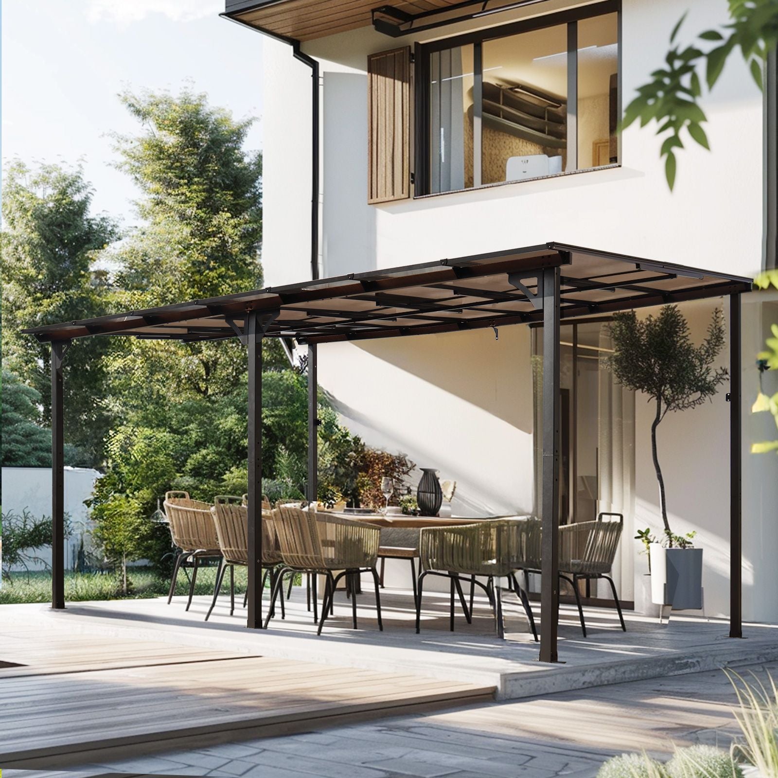 10' x 14' Wall-Mounted Lean-To Pergola – Gray, Powder-Coated Steel Frame, Heavy Duty Awning for Patio & Backyard