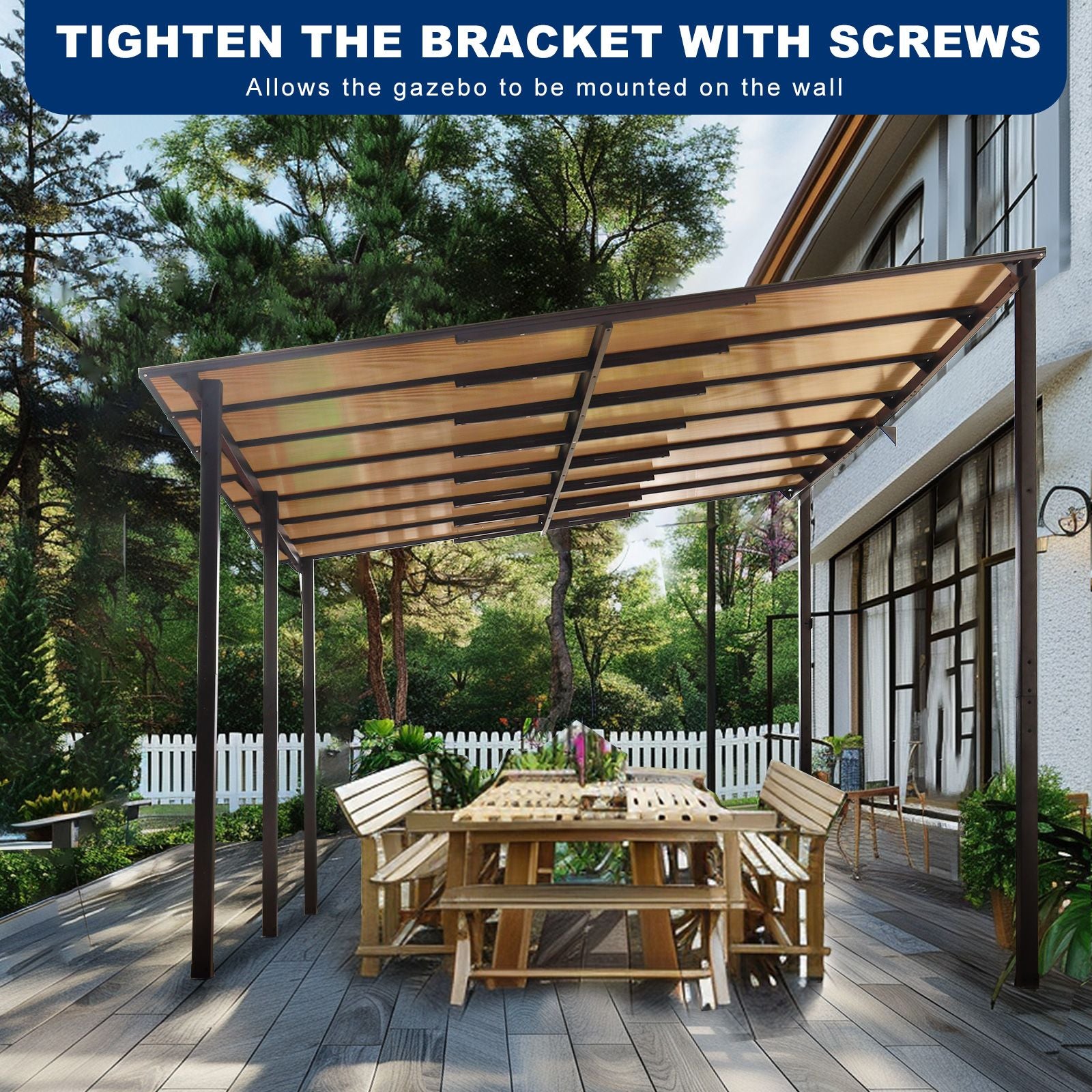 10' x 14' Wall-Mounted Lean-To Pergola – Gray, Powder-Coated Steel Frame, Heavy Duty Awning for Patio & Backyard