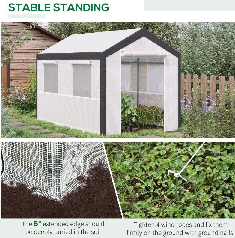 10' x 6.5' Portable Garden Greenhouse, PE Cover, Powder-Coated Steel Frame, Zippered Door