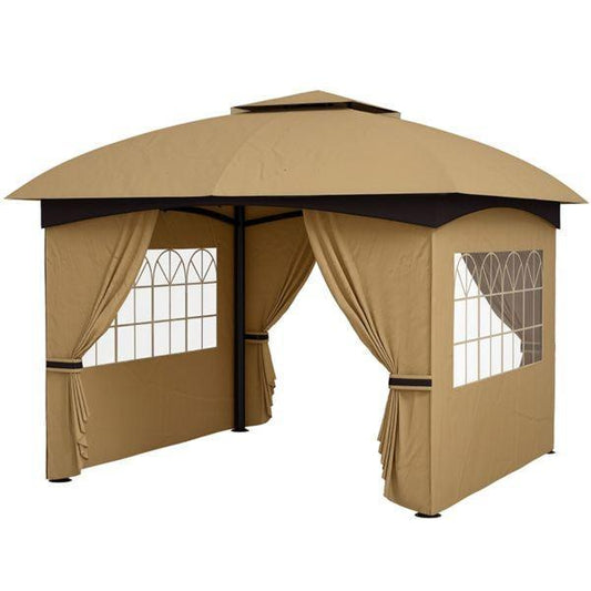 10.99' x 10.99' Beige Two-Tier Outdoor Gazebo with UV Protection, Translucent Windows, Mesh Vents, Powder-Coated Frame & Ground Stakes
