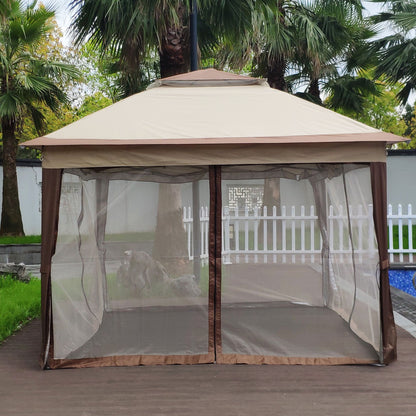 11' x 11' Coffee-Colored Pop-Up Gazebo Tent with Mesh Net Side Walls, 2-Tier Soft Top, Removable Zipper Netting, Ideal for Patio, Backyard, Garden, and Camping