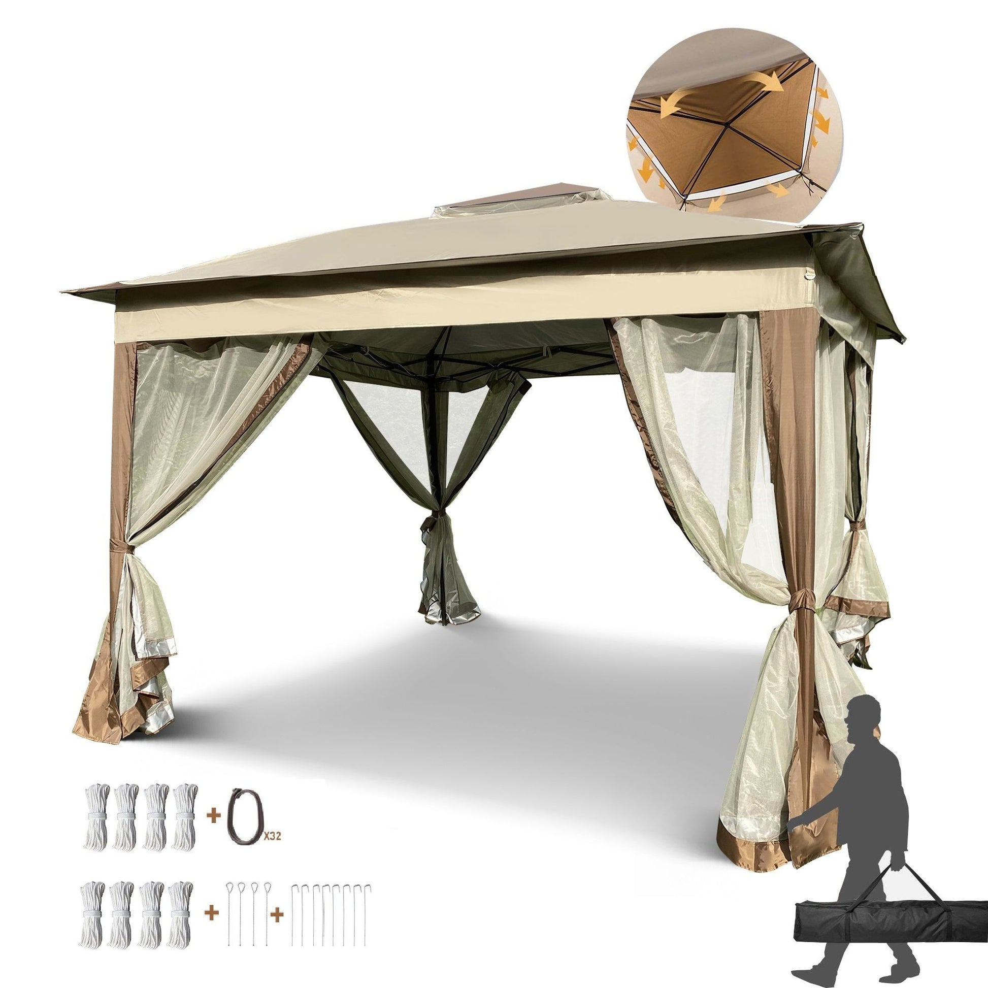 11' x 11' Coffee-Colored Pop-Up Gazebo Tent with Mesh Net Side Walls, 2-Tier Soft Top, Removable Zipper Netting, Ideal for Patio, Backyard, Garden, and Camping