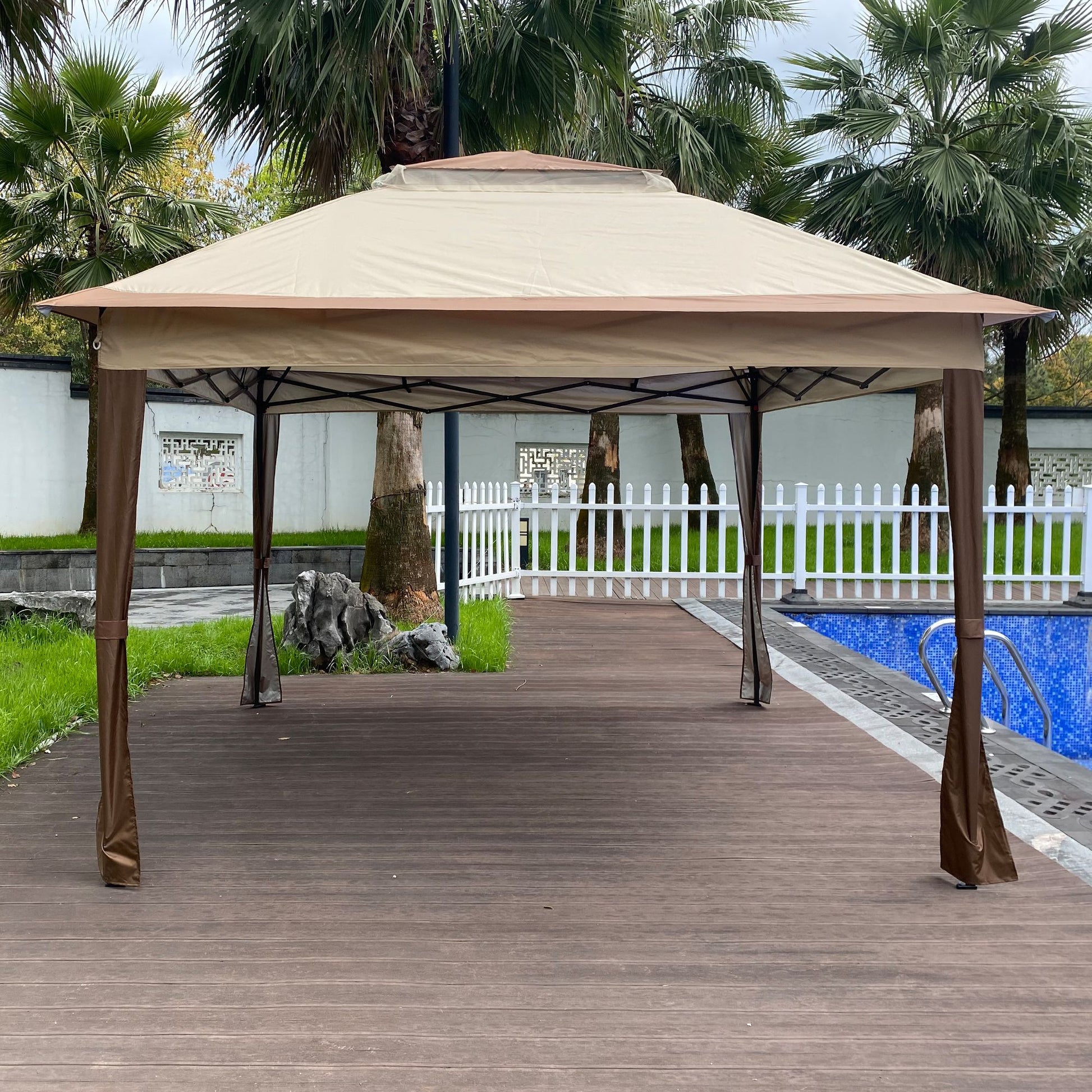 11' x 11' Coffee-Colored Pop-Up Gazebo Tent with Mesh Net Side Walls, 2-Tier Soft Top, Removable Zipper Netting, Ideal for Patio, Backyard, Garden, and Camping