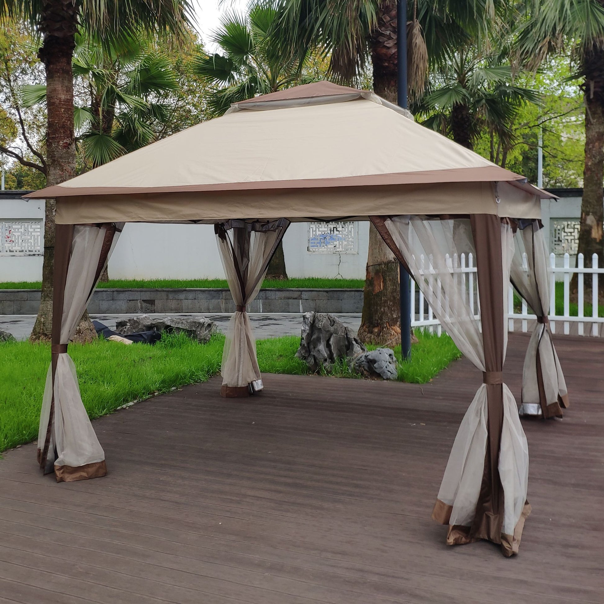 11' x 11' Coffee-Colored Pop-Up Gazebo Tent with Mesh Net Side Walls, 2-Tier Soft Top, Removable Zipper Netting, Ideal for Patio, Backyard, Garden, and Camping