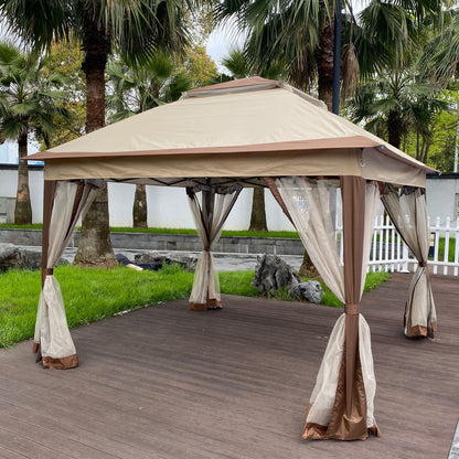 11' x 11' Coffee-Colored Pop-Up Gazebo Tent with Mesh Net Side Walls, 2-Tier Soft Top, Removable Zipper Netting, Ideal for Patio, Backyard, Garden, and Camping