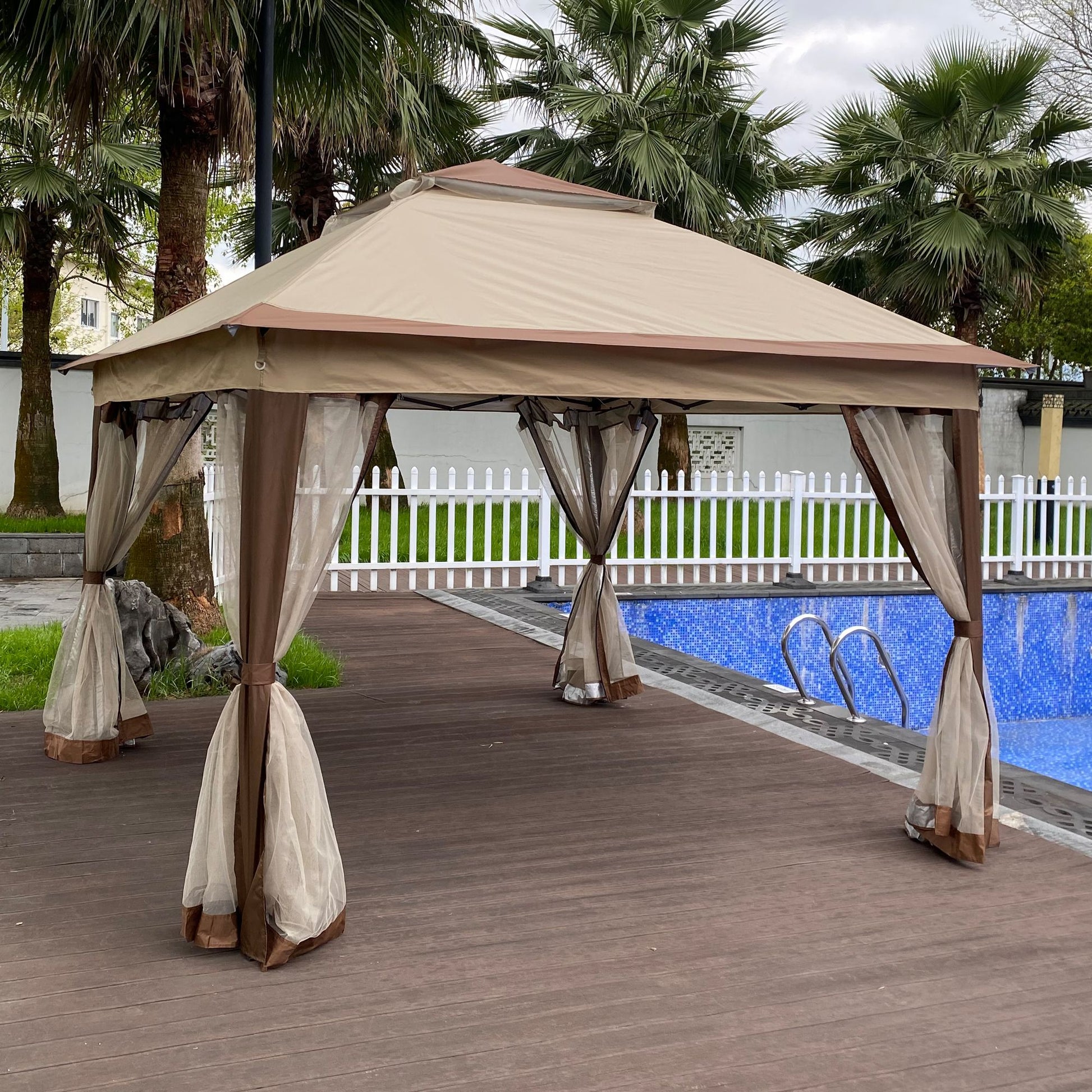 11' x 11' Coffee-Colored Pop-Up Gazebo Tent with Mesh Net Side Walls, 2-Tier Soft Top, Removable Zipper Netting, Ideal for Patio, Backyard, Garden, and Camping