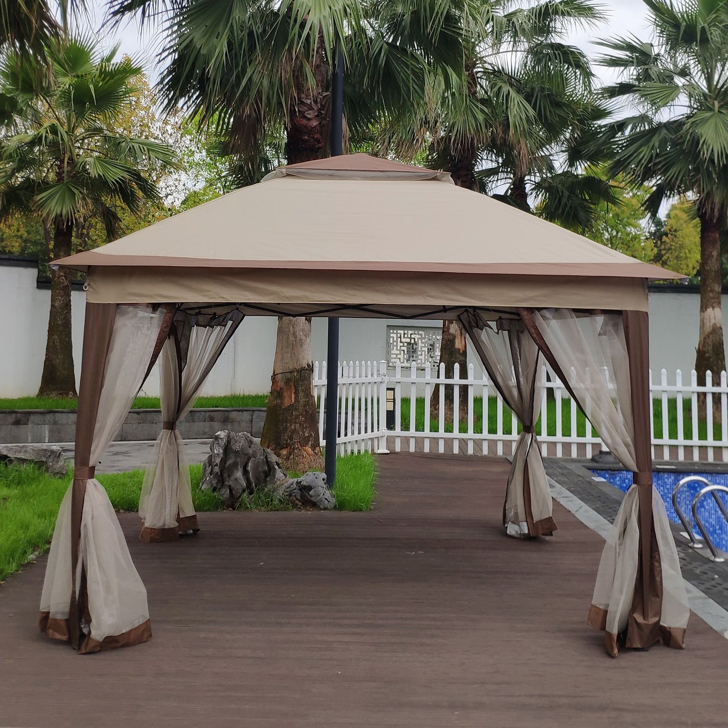 11' x 11' Coffee-Colored Pop-Up Gazebo Tent with Mesh Net Side Walls, 2-Tier Soft Top, Removable Zipper Netting, Ideal for Patio, Backyard, Garden, and Camping