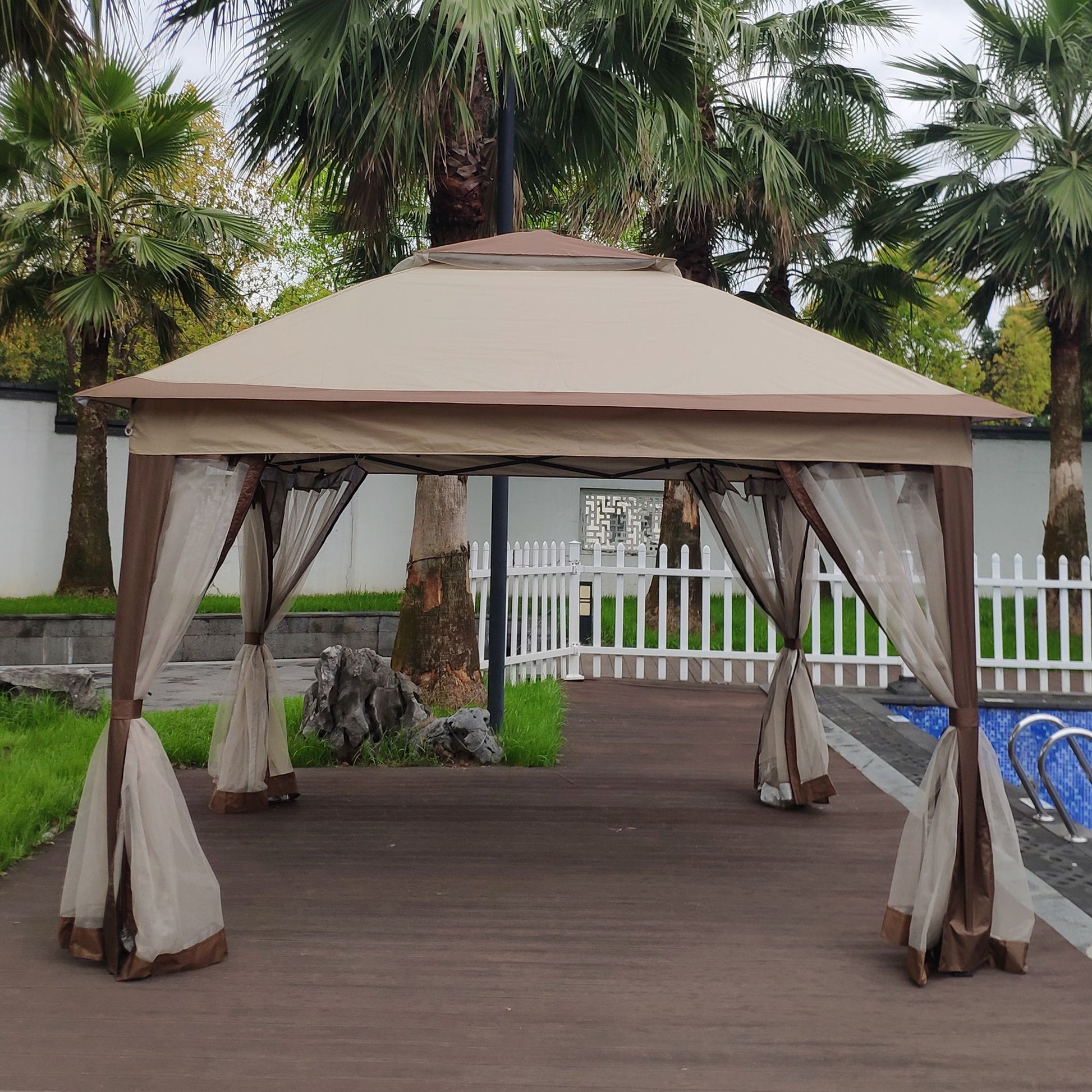 11' x 11' Coffee-Colored Pop-Up Gazebo Tent with Mesh Net Side Walls, 2-Tier Soft Top, Removable Zipper Netting, Ideal for Patio, Backyard, Garden, and Camping