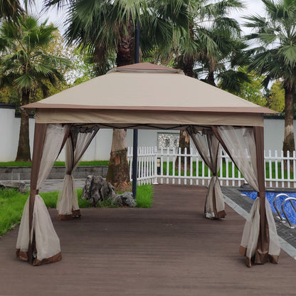 11' x 11' Coffee-Colored Pop-Up Gazebo Tent with Mesh Net Side Walls, 2-Tier Soft Top, Removable Zipper Netting, Ideal for Patio, Backyard, Garden, and Camping