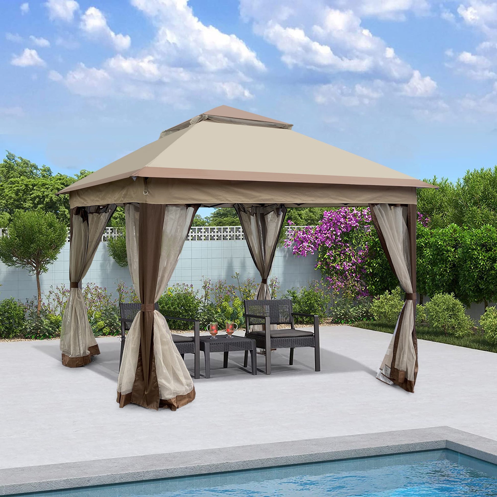 11' x 11' Coffee-Colored Pop-Up Gazebo Tent with Mesh Net Side Walls, 2-Tier Soft Top, Removable Zipper Netting, Ideal for Patio, Backyard, Garden, and Camping