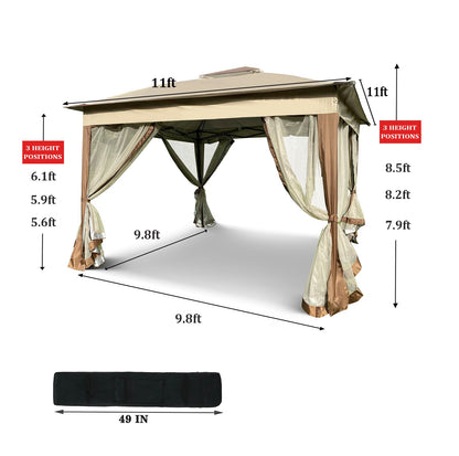 11' x 11' Coffee-Colored Pop-Up Gazebo Tent with Mesh Net Side Walls, 2-Tier Soft Top, Removable Zipper Netting, Ideal for Patio, Backyard, Garden, and Camping