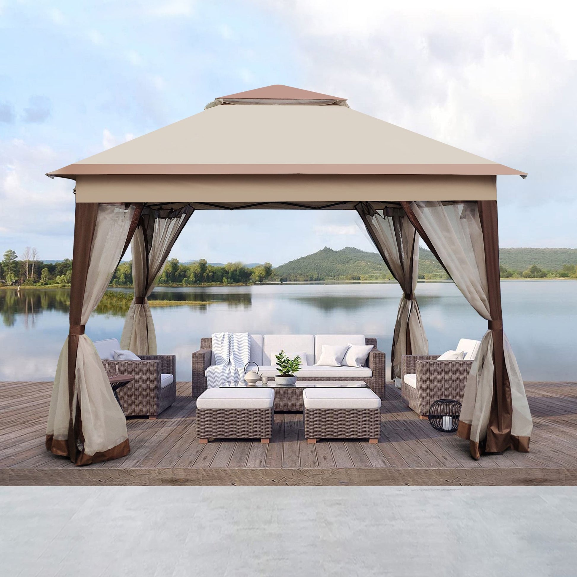 11' x 11' Coffee-Colored Pop-Up Gazebo Tent with Mesh Net Side Walls, 2-Tier Soft Top, Removable Zipper Netting, Ideal for Patio, Backyard, Garden, and Camping