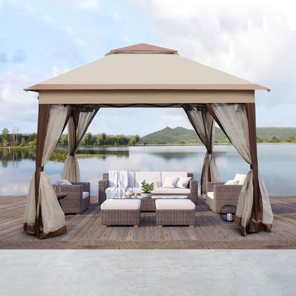 11' x 11' Coffee-Colored Pop-Up Gazebo Tent with Mesh Net Side Walls, 2-Tier Soft Top, Removable Zipper Netting, Ideal for Patio, Backyard, Garden, and Camping