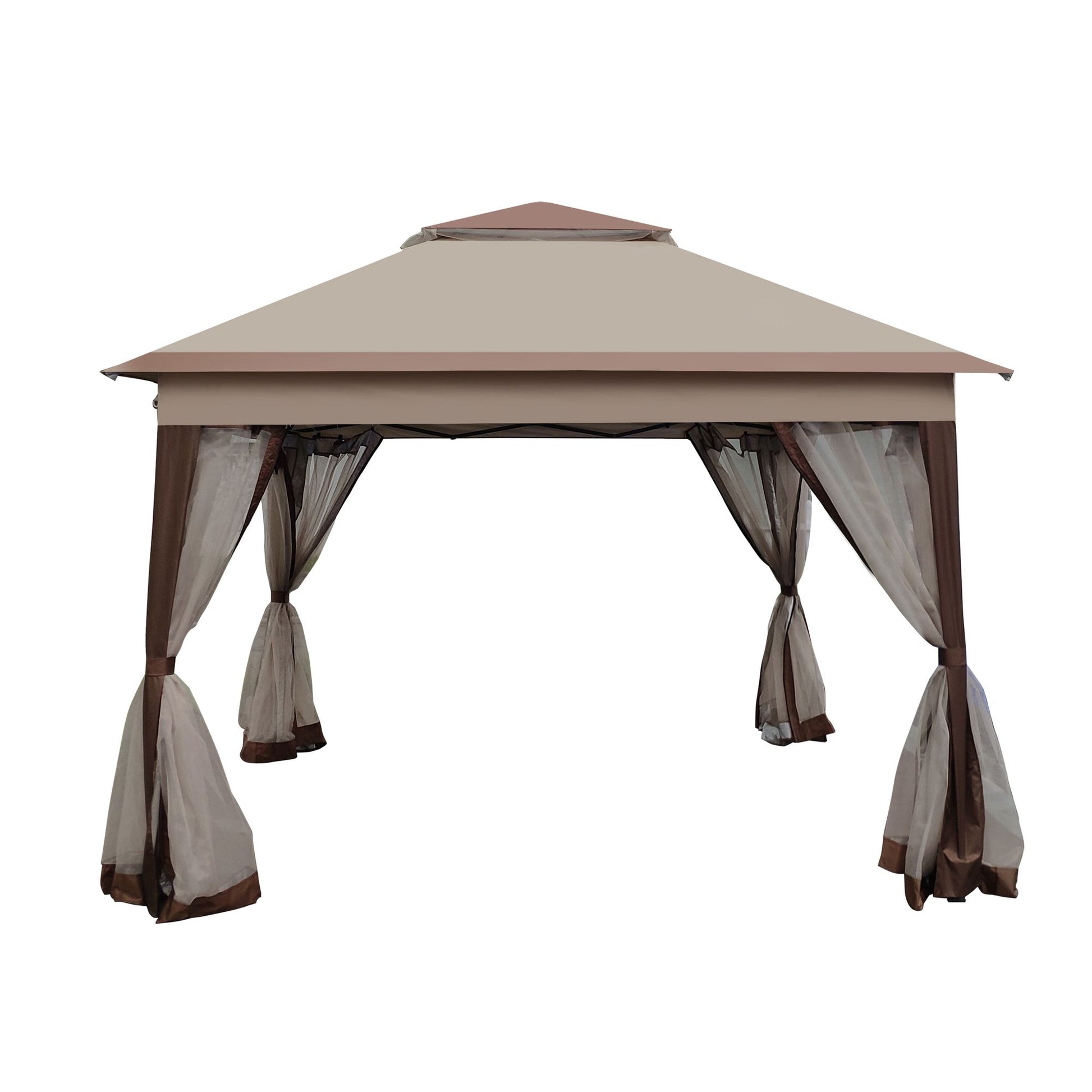11' x 11' Coffee-Colored Pop-Up Gazebo Tent with Mesh Net Side Walls, 2-Tier Soft Top, Removable Zipper Netting, Ideal for Patio, Backyard, Garden, and Camping