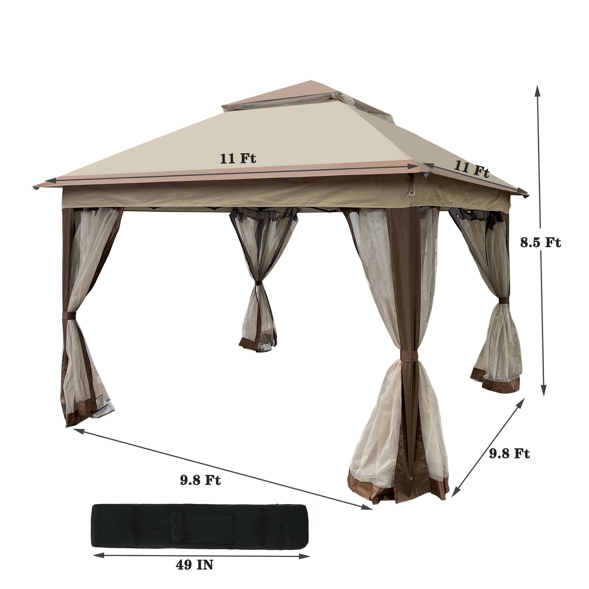 11' x 11' Coffee-Colored Pop-Up Gazebo Tent with Mesh Net Side Walls, 2-Tier Soft Top, Removable Zipper Netting, Ideal for Patio, Backyard, Garden, and Camping