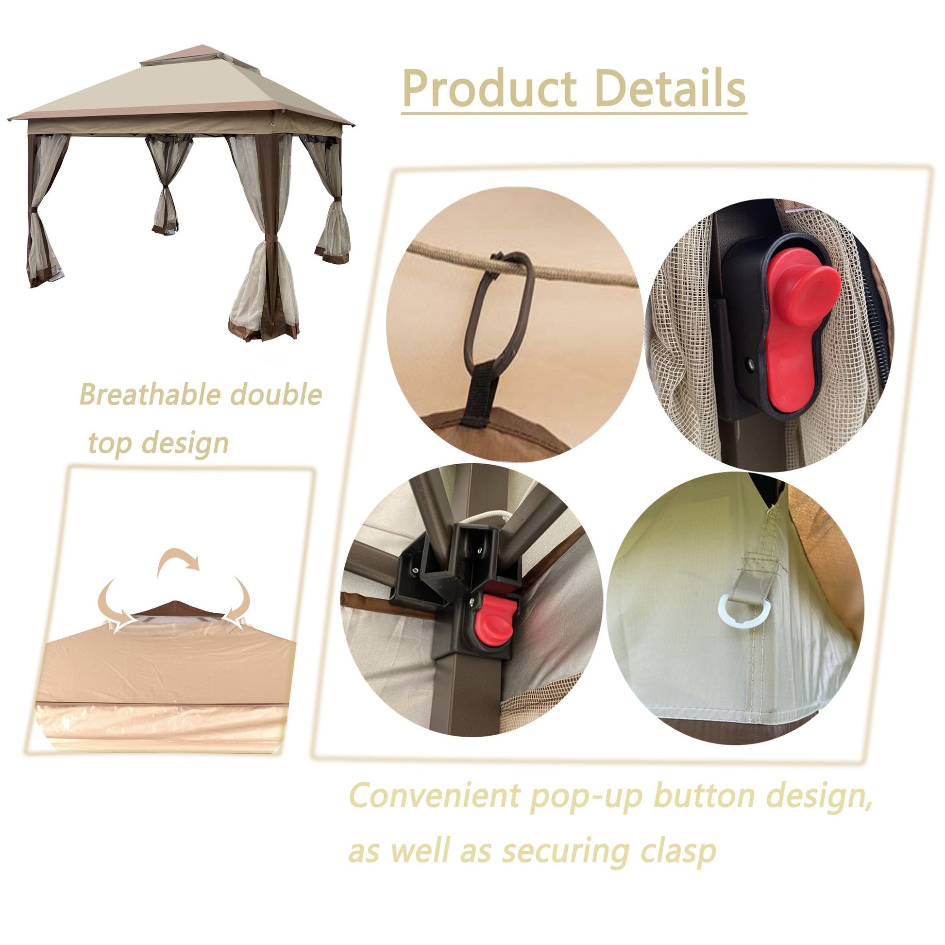 11' x 11' Coffee-Colored Pop-Up Gazebo Tent with Mesh Net Side Walls, 2-Tier Soft Top, Removable Zipper Netting, Ideal for Patio, Backyard, Garden, and Camping