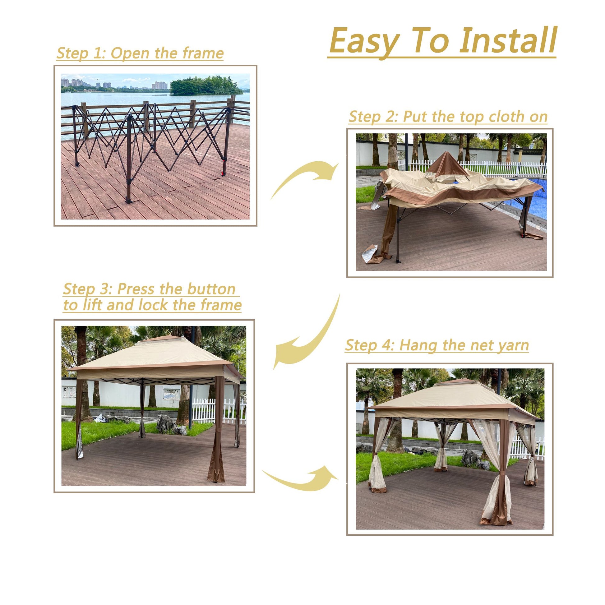 11' x 11' Coffee-Colored Pop-Up Gazebo Tent with Mesh Net Side Walls, 2-Tier Soft Top, Removable Zipper Netting, Ideal for Patio, Backyard, Garden, and Camping