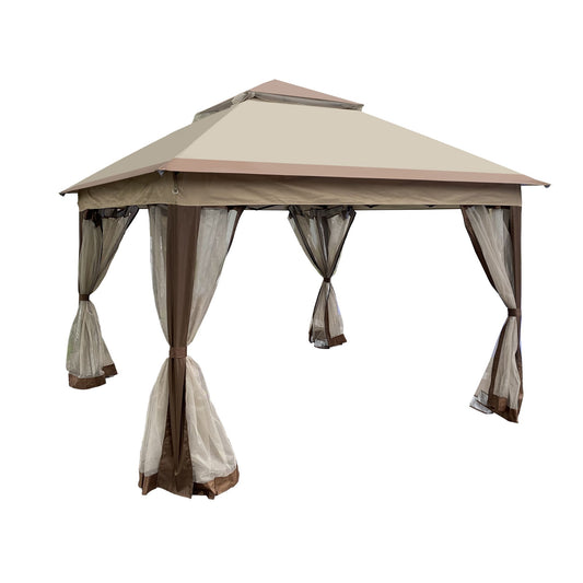 11' x 11' Coffee-Colored Pop-Up Gazebo Tent with Mesh Net Side Walls, 2-Tier Soft Top, Removable Zipper Netting, Ideal for Patio, Backyard, Garden, and Camping