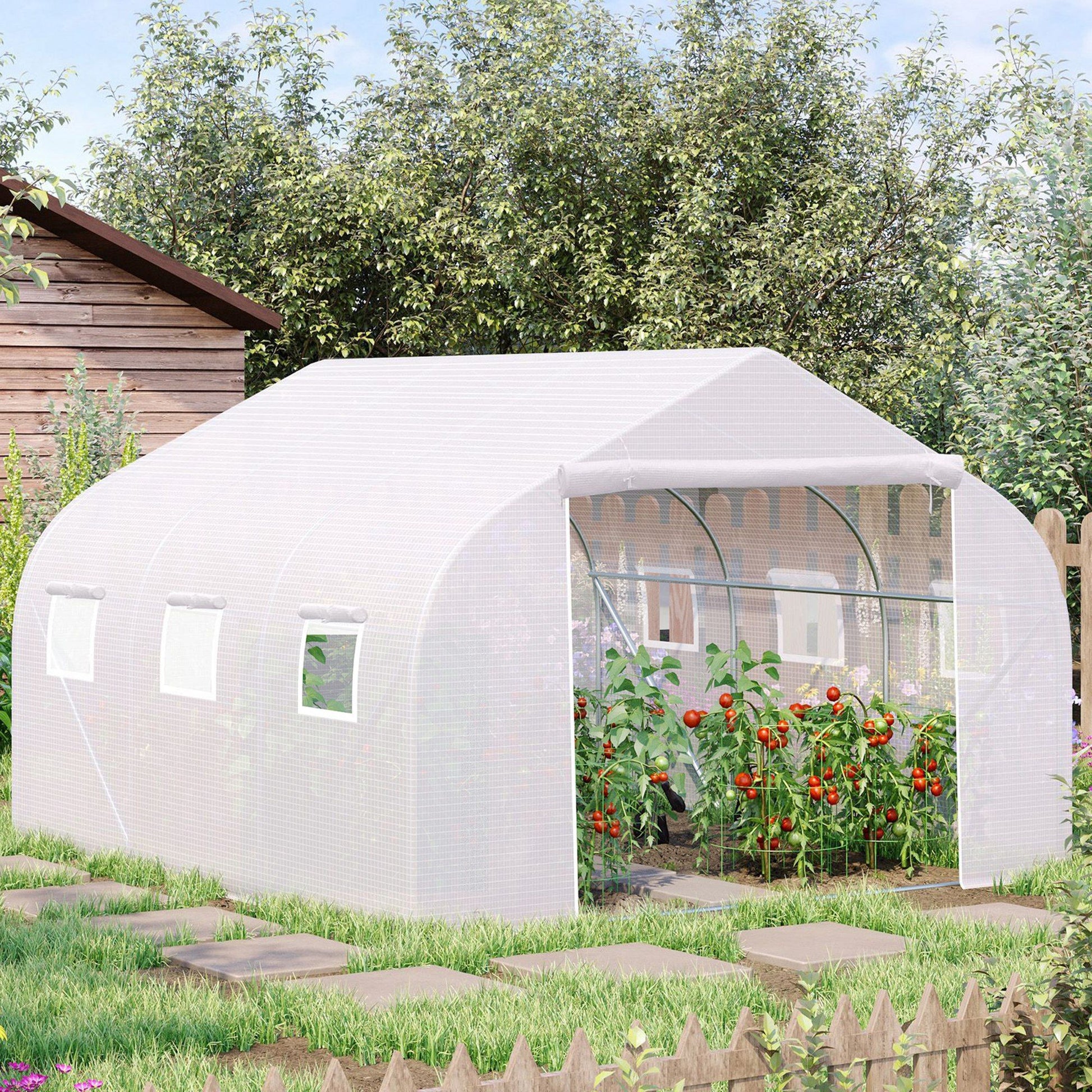11.5' x 10' Reinforced Steel Greenhouse, PE Cover, 6 Windows, Zippered Roll-Up Door