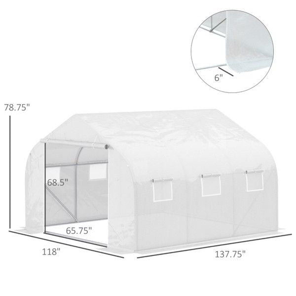 11.5' x 10' Reinforced Steel Greenhouse, PE Cover, 6 Windows, Zippered Roll-Up Door
