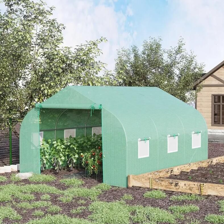 11.5' x 10' Reinforced Steel Greenhouse, PE Cover, Roll-Up Door, Windows with Netting