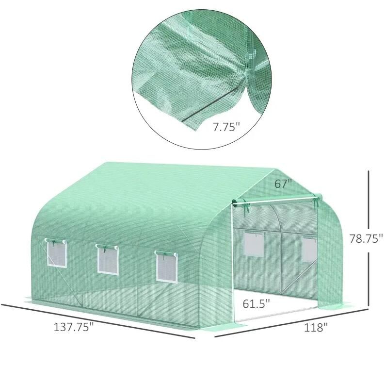 11.5' x 10' Reinforced Steel Greenhouse, PE Cover, Roll-Up Door, Windows with Netting