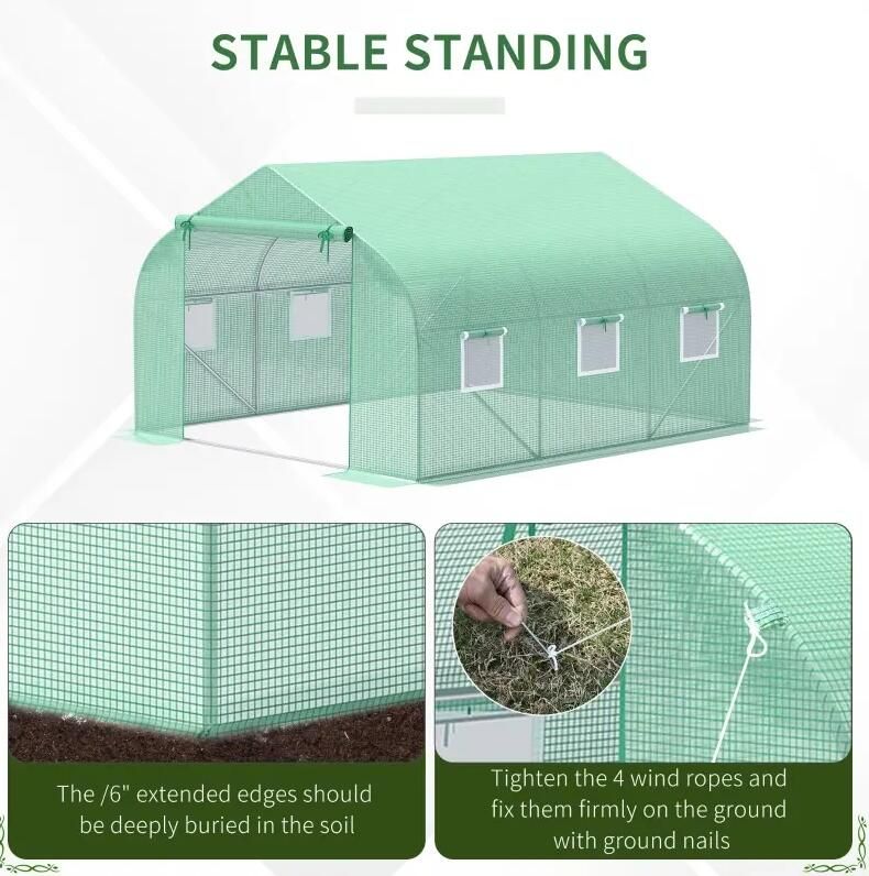 11.5' x 10' Reinforced Steel Greenhouse, PE Cover, Roll-Up Door, Windows with Netting