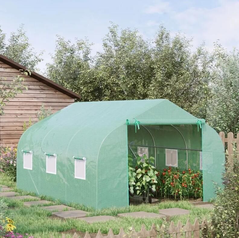 11.5' x 10' Reinforced Steel Greenhouse, PE Cover, Roll-Up Door, Windows with Netting