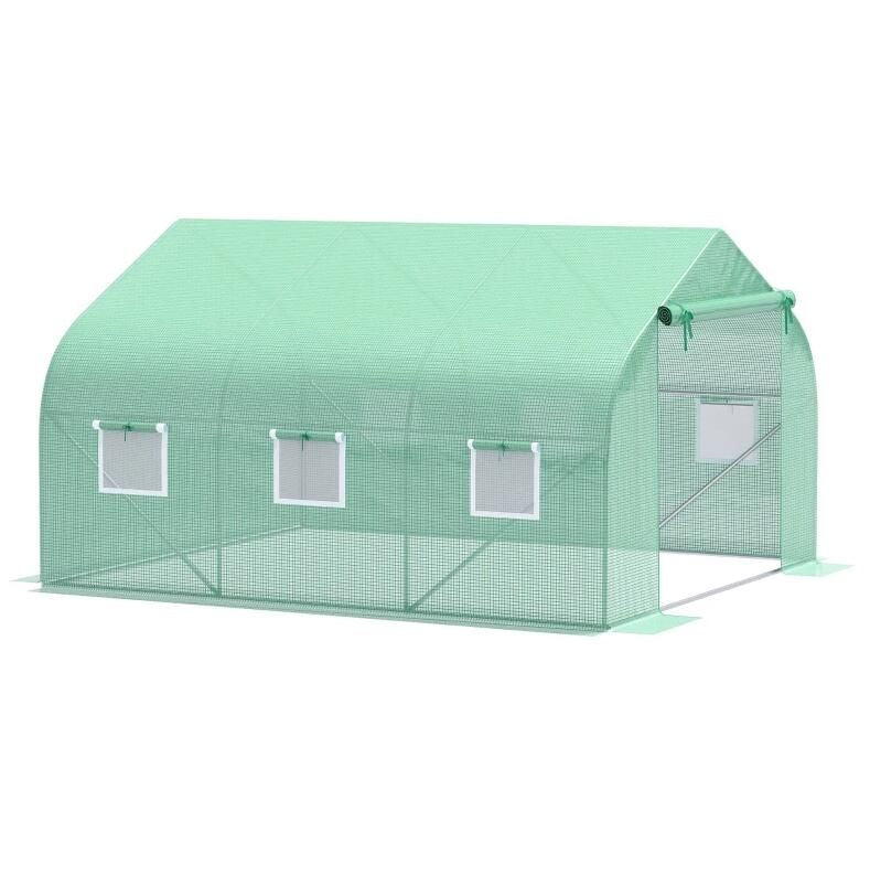 11.5' x 10' Reinforced Steel Greenhouse, PE Cover, Roll-Up Door, Windows with Netting