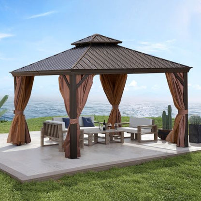 12' x 12' Outdoor Gazebo with Double-Tier Hard Top, Aluminum Frame and Steel Canopy, Ideal for Patio, Garden, and Backyard
