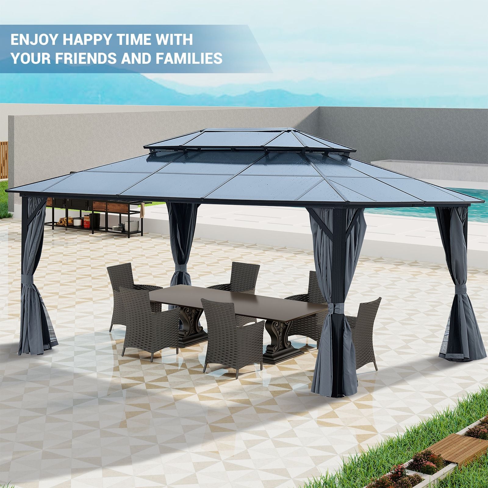 12' x 16'Large Heavy Duty Gazebo with Double Roof Sunshade, Powder-Coated Aluminum Legs, and Dual-Layer Curtains