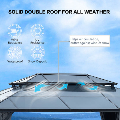 12' x 16'Large Heavy Duty Gazebo with Double Roof Sunshade, Powder-Coated Aluminum Legs, and Dual-Layer Curtains