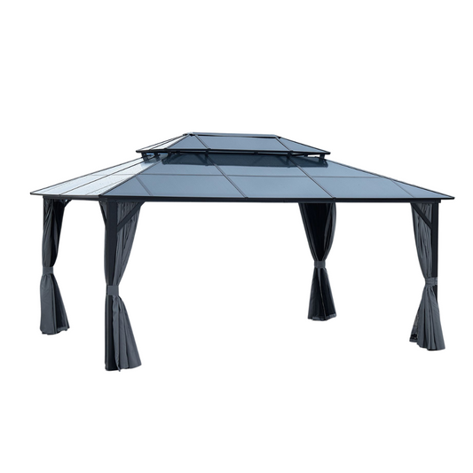 12' x 16'Large Heavy Duty Gazebo with Double Roof Sunshade, Powder-Coated Aluminum Legs, and Dual-Layer Curtains