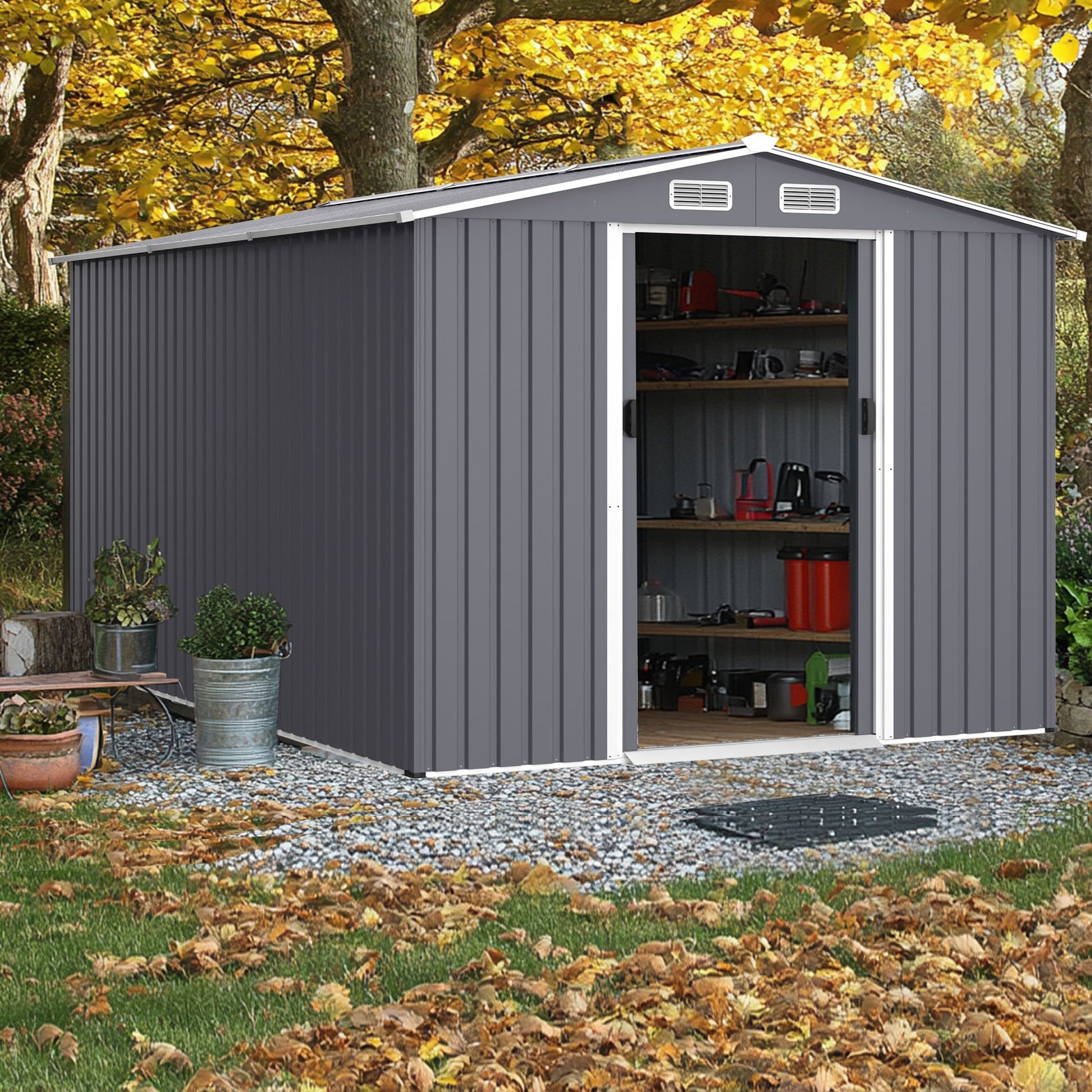 12' x 8' Outdoor Metal Garden Shed with Sliding Doors & Air Vent