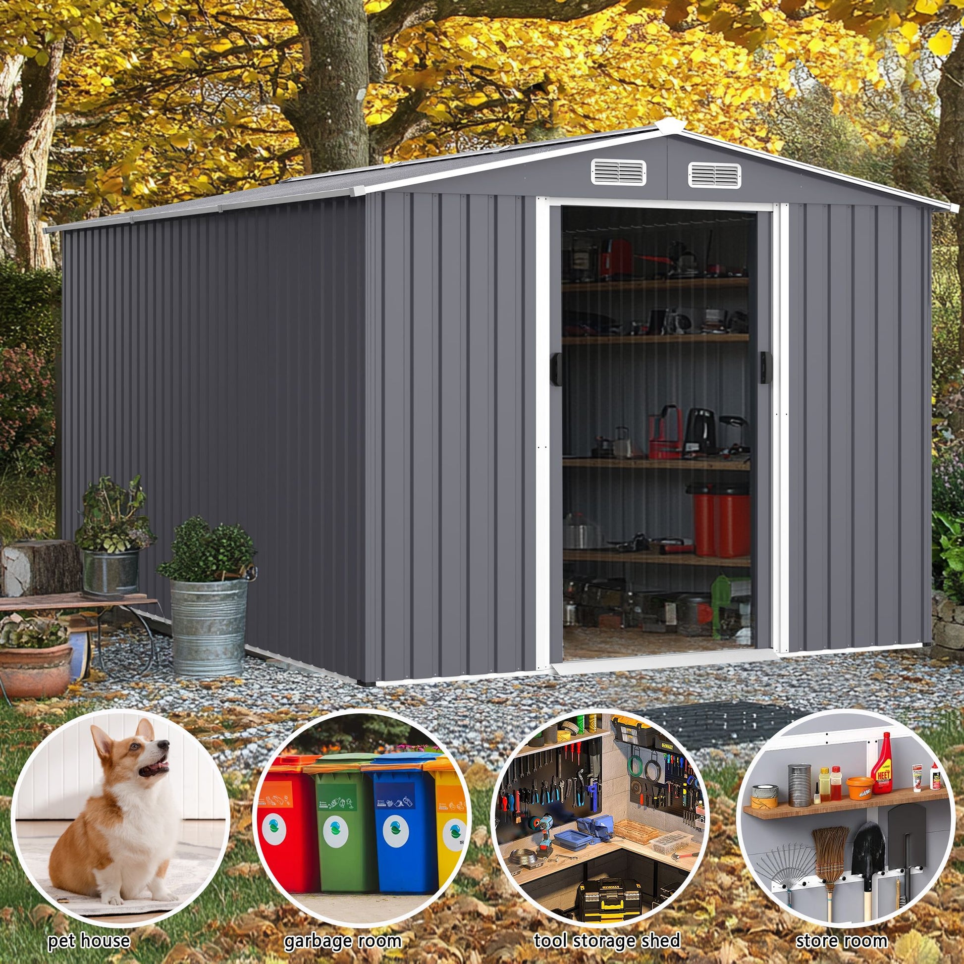 12' x 8' Outdoor Metal Garden Shed with Sliding Doors & Air Vent