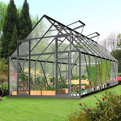 12' x 8' Polycarbonate Walk-In Greenhouse, Sliding Doors, Adjustable Vents, Aluminum Frame
