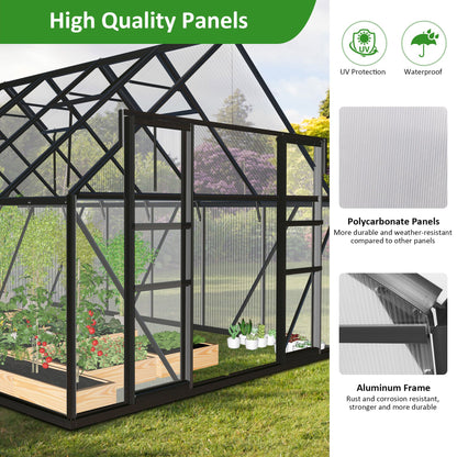 12' x 8' Polycarbonate Walk-In Greenhouse, Sliding Doors, Adjustable Vents, Aluminum Frame