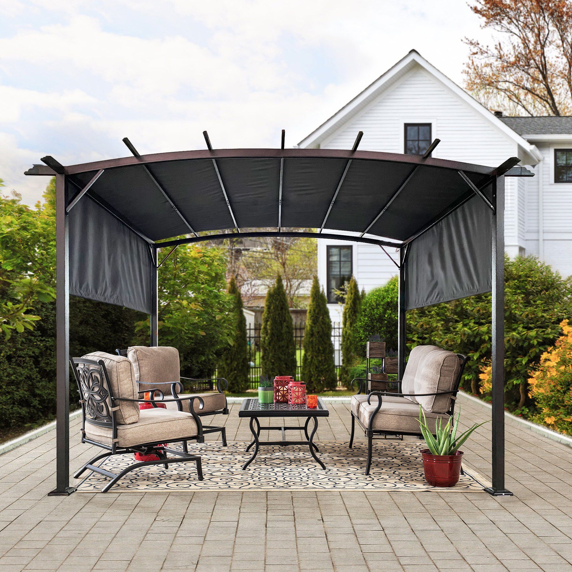 12' x 9' Outdoor Retractable Pergola – Steel Frame Grape Gazebo with Shade Canopy, Sun Shelter for Gardens & Backyard