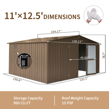 12.5' x 11' Large Brown Metal Storage Shed, 900 cu.ft. Capacity, Galvanized Steel Frame, Multifunctional